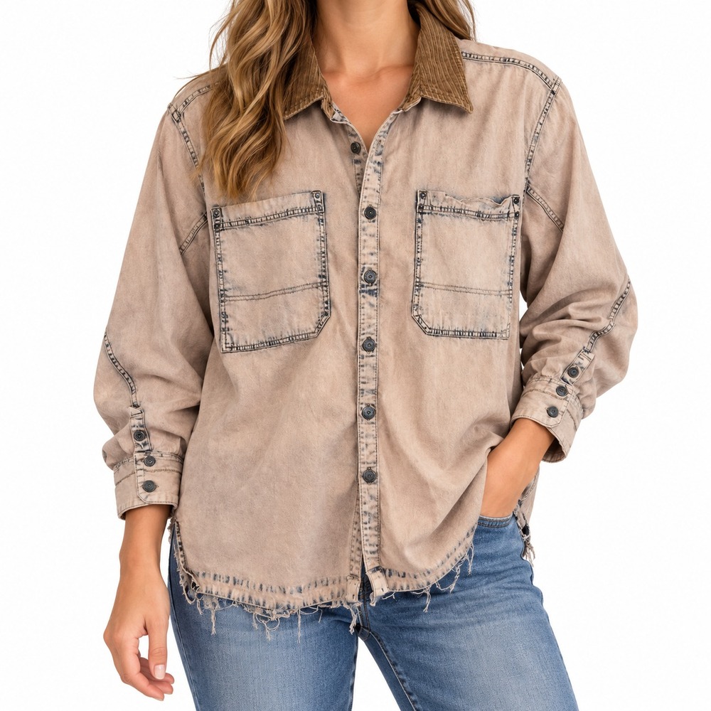 We The Free Highland Hiker Oversized Distressed Denim Shirt Extra Large Brown